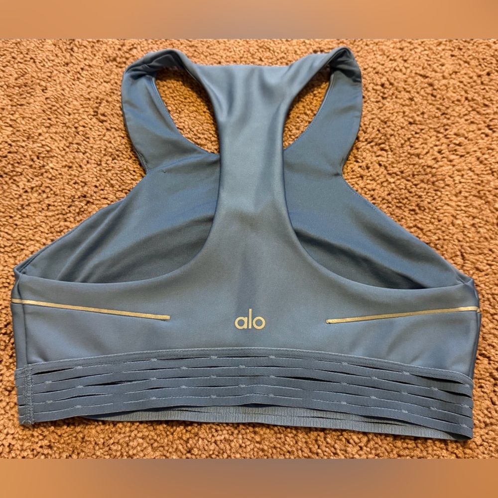 ALO Yoga Slate Blue Racerback Sports Bra with Silver Trim